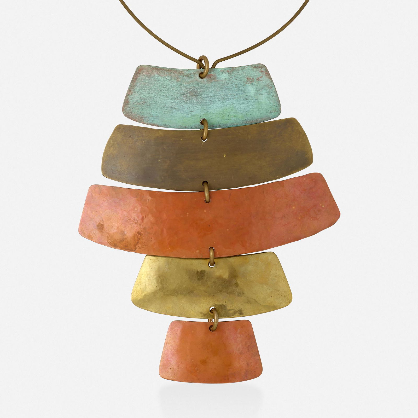 Robert Lee Morris, Patinated copper necklace: Robert Lee Morris Patinated copper and brass choker necklace Suspending five curved plaques; 1990s Copper and patinated brass Signed Robert Lee Morris Inner circ. 15 in, pendant 6.25 x 5.25 in; Gros