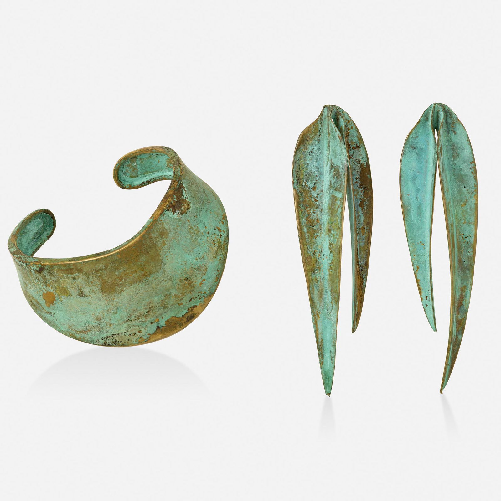 Robert Lee Morris, Earrings and cuff: Robert Lee Morris Oxidized brass earrings and cuff bracelet Of organic design Unsigned; 1970s Brass Earrings 3.50 x 1 in, bracelet inner circ. 6 in; Gross weight 30.6 dwts This work