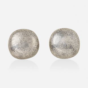 John Iversen, Sterling silver earrings: John Iversen Sterling silver earrings Designed as a textured pebble Oxidized sterling silver Signed John Iversen 1 x 1 in; Gross weight 23.1 dwts This work will ship from Lam