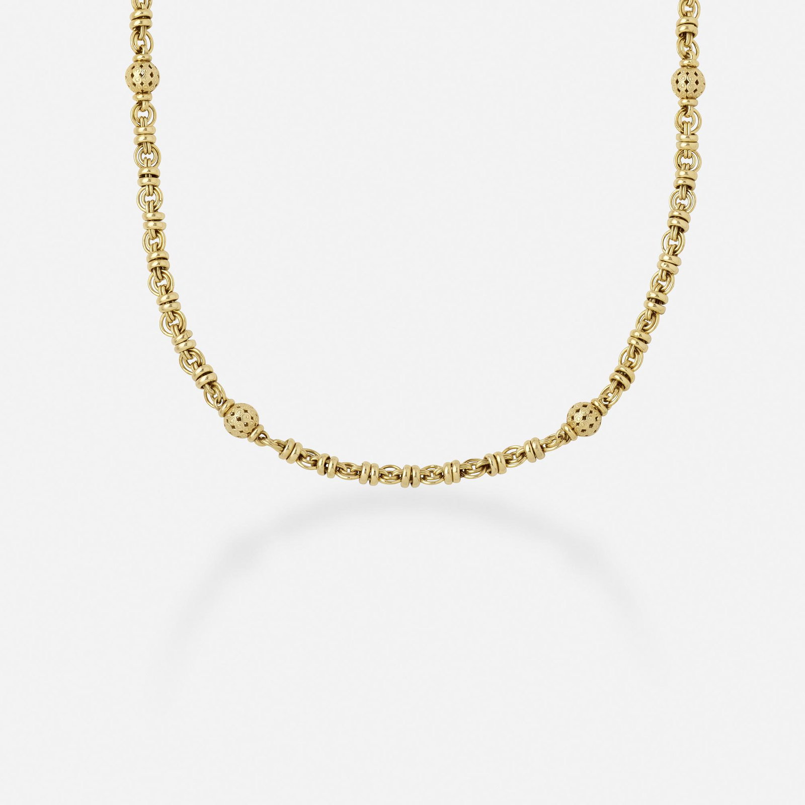 Italian, Gold necklace: Italian Gold necklace Of fancy links 14k yellow gold 30.50 in; Gross weight 29.7 dwts This work will ship from Lambertville, New Jersey.