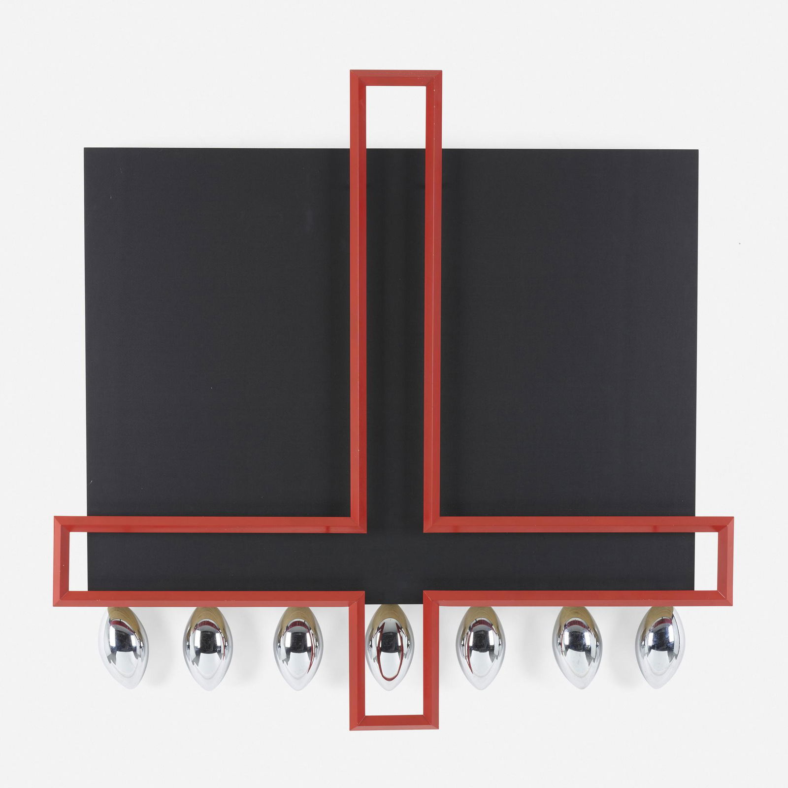 Robert Longo, End of the Season: Robert Longo End of the Season 1989linoleum covered plywood multiple with red lacquered aluminium and seven chrome-plated copper ovals 45.75 h x 46.75 w x 6 d in (116 x 119 x 15 cm) This work