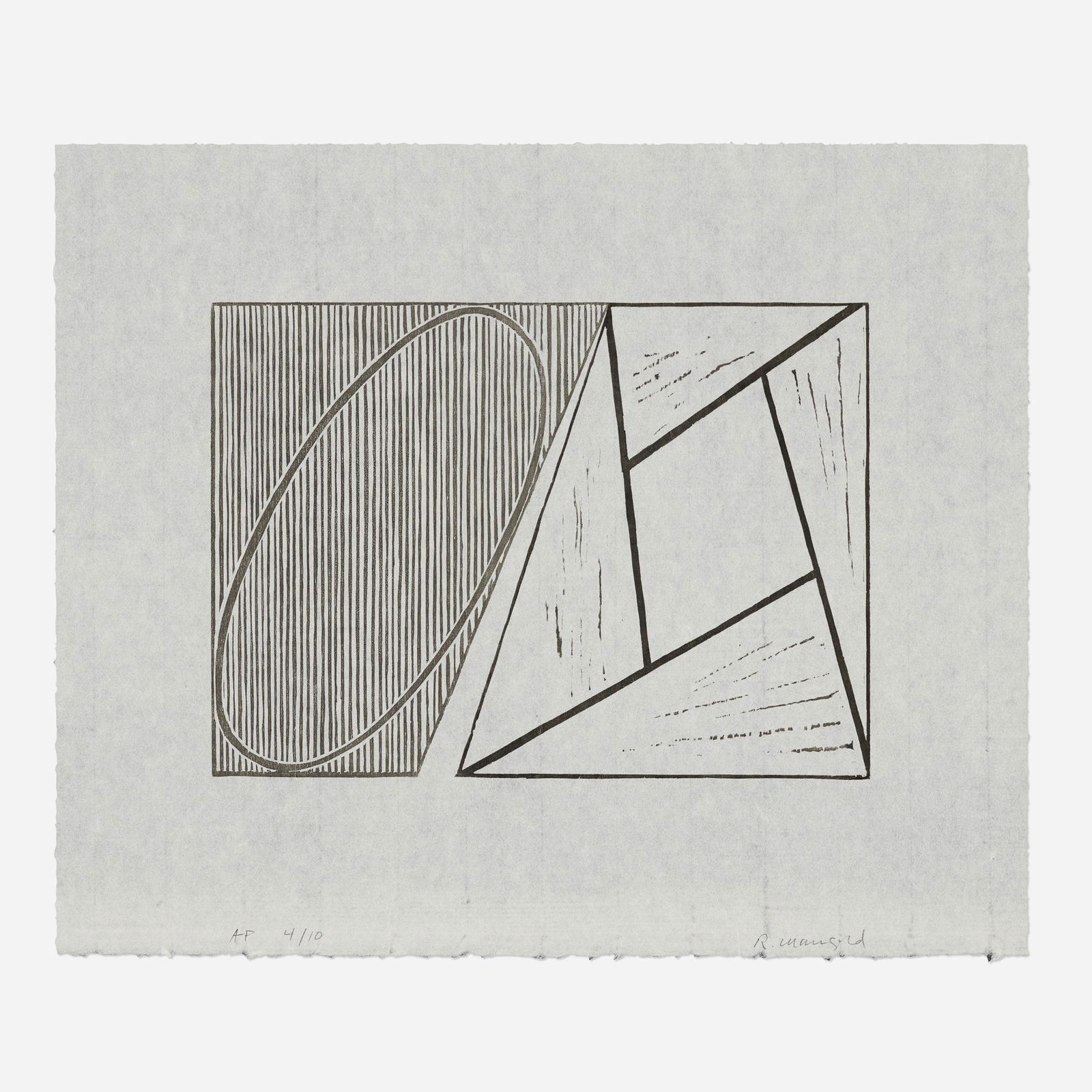 Robert Mangold, Untitled I: Robert Mangold Untitled I 1989-90woodcut on Mulberry 15.5 h x 18.625 w in (39 x 47 cm) Signed and numbered to lower edge 'AP 4/10 R. Mangold'. This work is artist's proof 4 of 10 apart from th