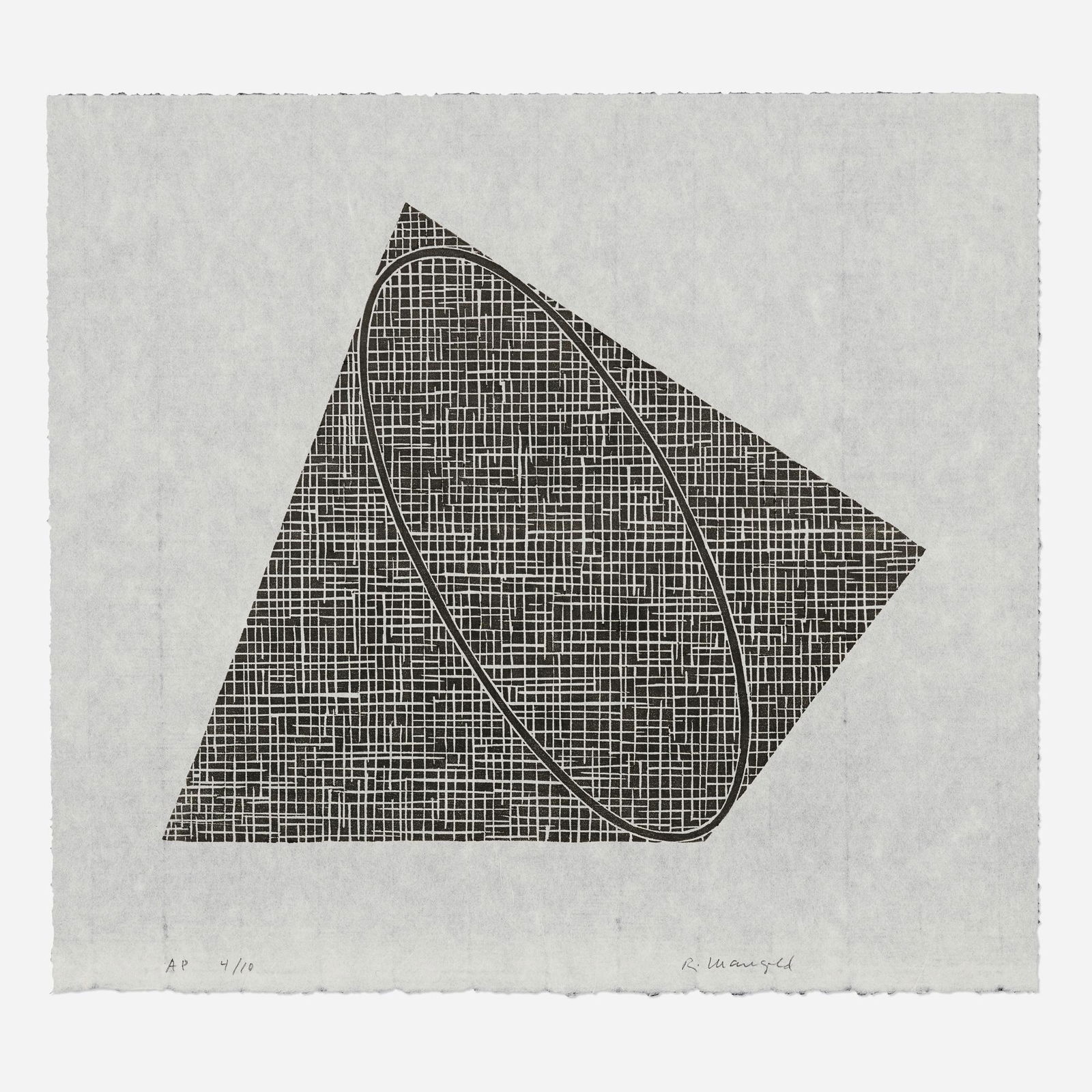 Robert Mangold, Untitled II: Robert Mangold Untitled II 1989-90woodcut on Mulberry 17 h x 18.625 w in (43 x 47 cm) Signed and numbered to lower edge 'AP 4/10 R. Mangold'. This work is artist's proof 4 of 10 apart from the