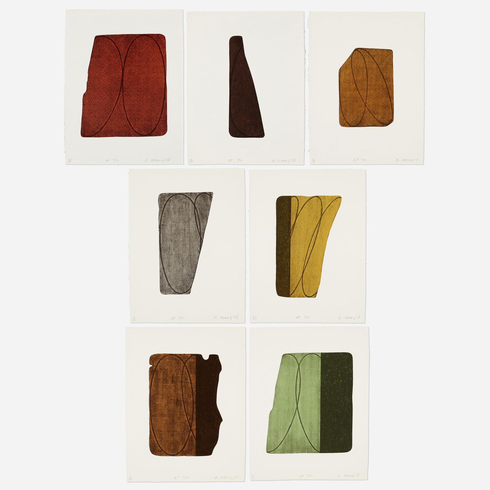Robert Mangold, Fragment I-VII: Robert Mangold Fragment I-VII 1997lithograph in colors on Twinrocker cream calligraphy 24 h x 18.125 w in (61 x 46 cm) Signed, numbered and inscribed to lower edge of each work 'I-VII AP 7/10