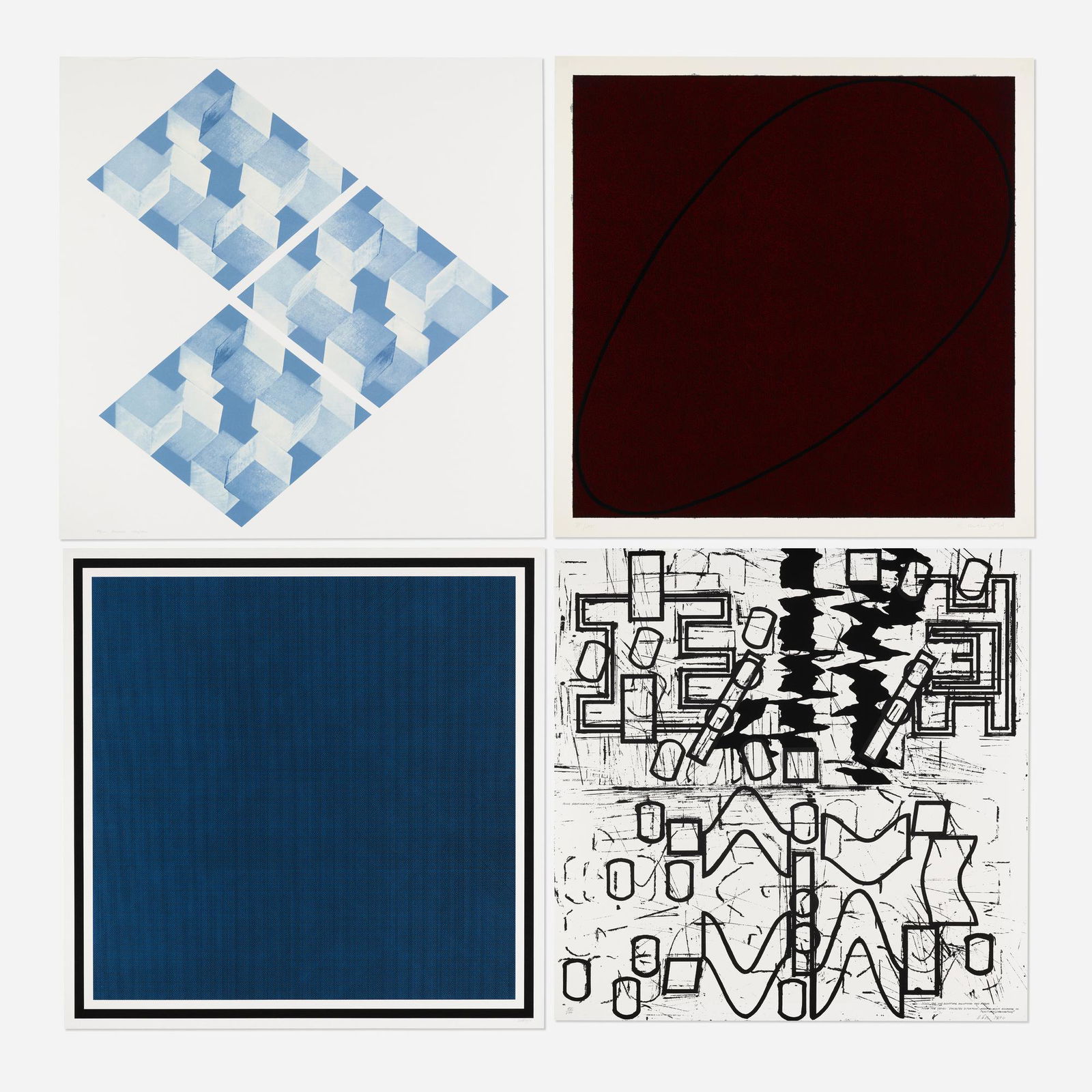 Various Artists, 4 x 4 x 4: Various Artists 4 x 4 x 4 1990screenprint in colors 47.75 h x 47.75 w in (121 x 121 cm) Lot includes works by Sol LeWitt, Mel Bochner, Barry Le Va and Robert Mangold. Signed and numbered to lo