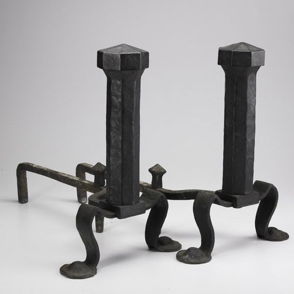 ARTS & CRAFTS ANDIRONS: ARTS & CRAFTS ANDIRONS; Pair in wrought and fabricated iron, early 20th c.; Unmarked; 20'' x 13 1/2'' x 24''