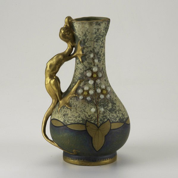 AMPHORA: AMPHORA; Gres-Bijou vase with flowers and gilt dragon; Crown mark; 10'' 1/2' x 6''