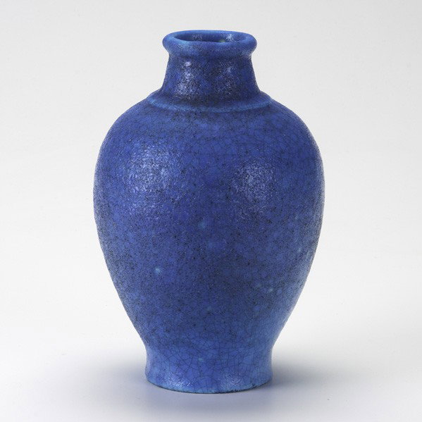 EDMOND LACHENAL: EDMOND LACHENAL; Vase in crackled Persian blue glaze; Marked Lachenal/France; 9'' x 5 1/2''