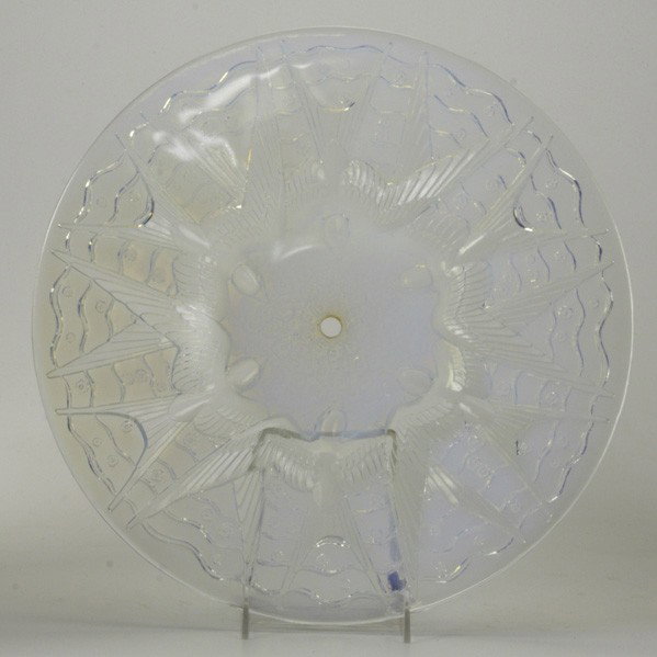 PAUL D'AVESN: PAUL D'AVESN; Cast opalescent glass ceiling fixture shade with sparrows, France, early 20th c.; Marked P D'Avesn/ Made in France; 2'' x 14'' dia.