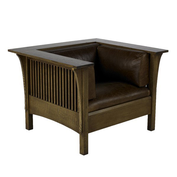 STICKLEY BY AUDI: STICKLEY BY AUDI; Contemporary Prairie armchair with spindled sides, late 20th c.; Quartersawn oak, oak veneer and leather; Branded mark/ metal tag; 29 1/2'' x 43'' x 37 1/2''
