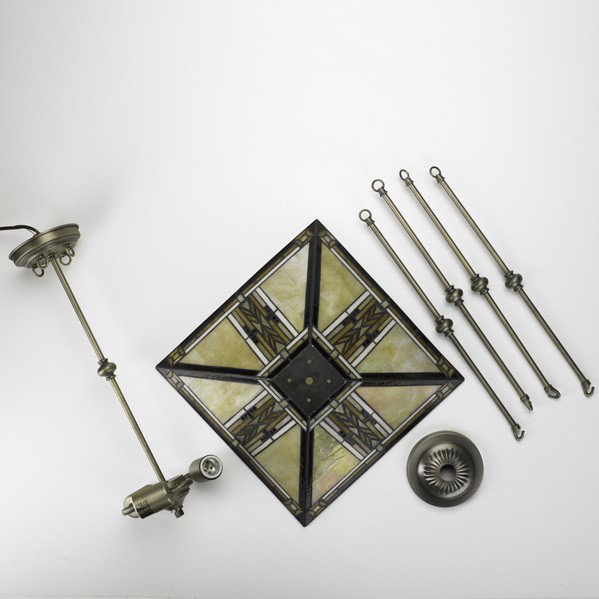 ARTS & CRAFTS STYLE LAMP PARTS: ARTS & CRAFTS STYLE LAMP PARTS; Including leaded glass shade and ceiling assembly; Shade: 6 1/2" x 14" sq.