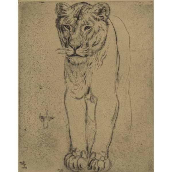 Eduard WIIRALT (Estonian, 1898-1954): EDUARD WIIRALT (Estonian, 1898-1954); Dry-point etching on paper, Tiger (framed); Signed; 9'' x 7: plate