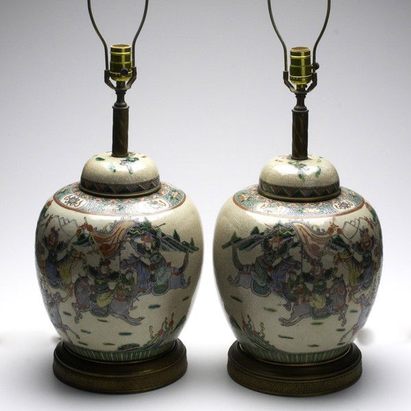 ASIAN LAMPS: ASIAN LAMPS; Pair of large Satsuma style ceramic table lamps in the form of ginger jars; 36'' x 10'' dia.