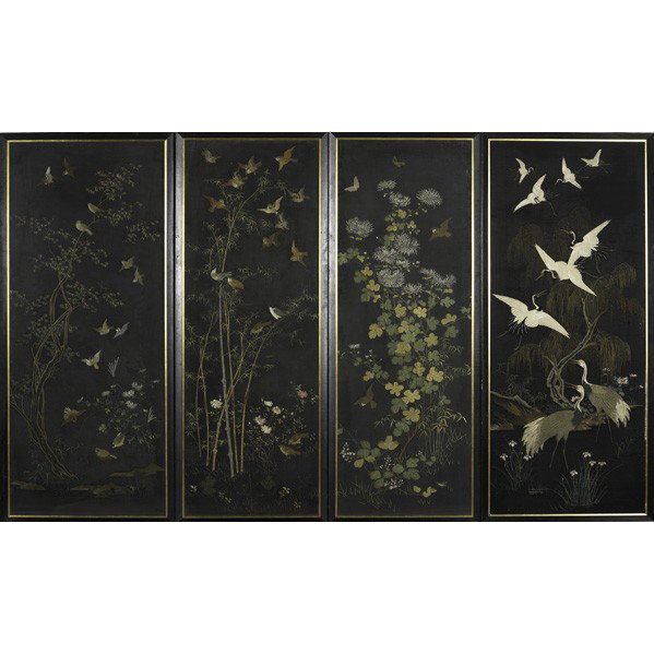 ASIAN TEXTILES: ASIAN TEXTILES; Four framed Japanese embroidered panels, 19th c.: two with birds among bamboo and maple, one with birds and chrysanthemums, the last with cranes and willow; Largest: 54 1/2'' x 24 1/4'
