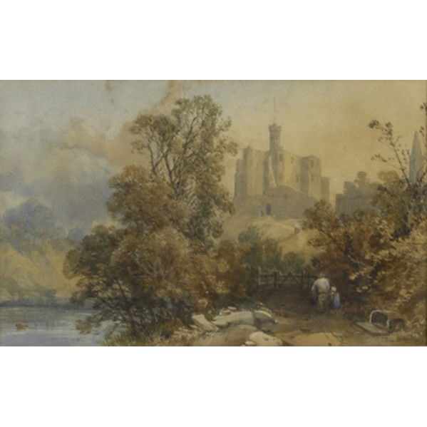 JAMES BURRELL SMITH (British, 1822-1897) Landscape: JAMES BURRELL SMITH (British, 1822-1897); Watercolor on paper of European landscape with castle, 1854 (framed); Signed and dated; 5 1/2'' x 9'' sight