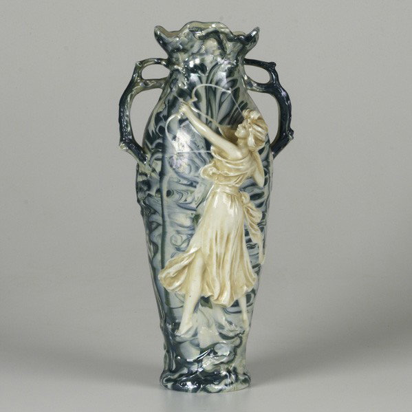 ROYAL DUX: ROYAL DUX; Handled Art Nouveau vase decorated with archer in marbleized glaze; Marked; 13 3/4'' x 7'' x 6''