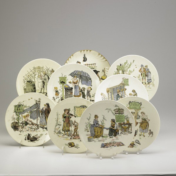 SARREGUEMINES, ETC: SARREGUEMINES, ETC; Faience plates decorated with various courting and farm scenes; Marked; 8 3/4'' dia.