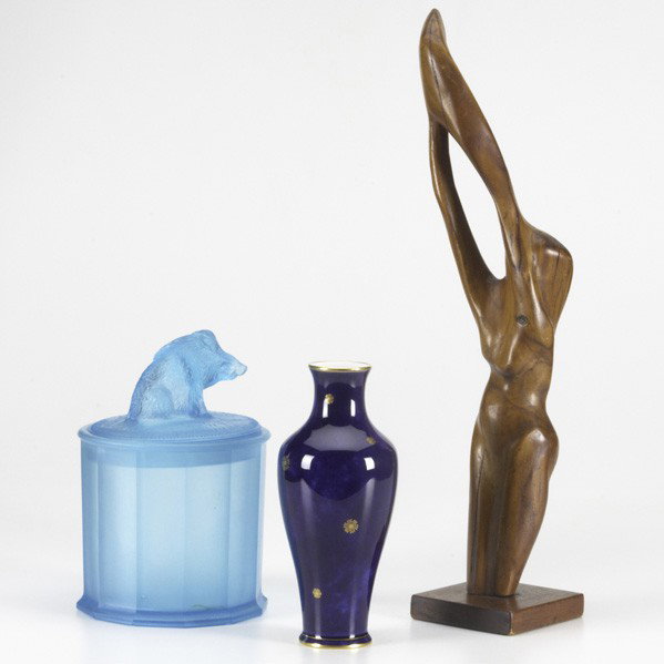 SEVRES, ETC.: SEVRES, ETC.; Sevres porcelain vase together with a figural carved wood statuette and blue glass humidor, all 20th c.; Tallest: 19'' x 6'' x 4''