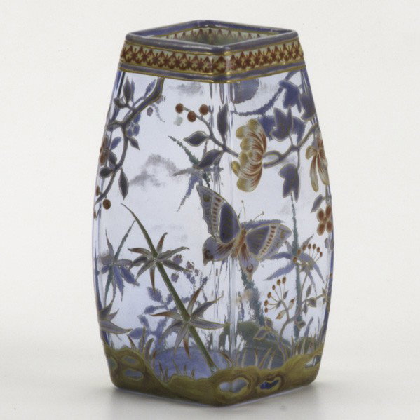 PERRIER FILS: PERRIER FILS; Vessel in enameled and gilt glass with naturalistic decoration, c. 1890; Marked Perrier Fils/238/Bd 5+ Germain/ Paris; 5 1/2'' x 2 3/4''sq.