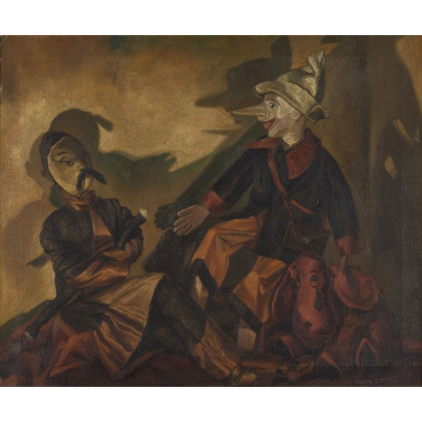 FRANK COHEN KIRK (American, 1889-1963): FRANK COHEN KIRK (American, 1889-1963); Oil on canvas of still life with puppets (framed); Signed; 25'' x 30''