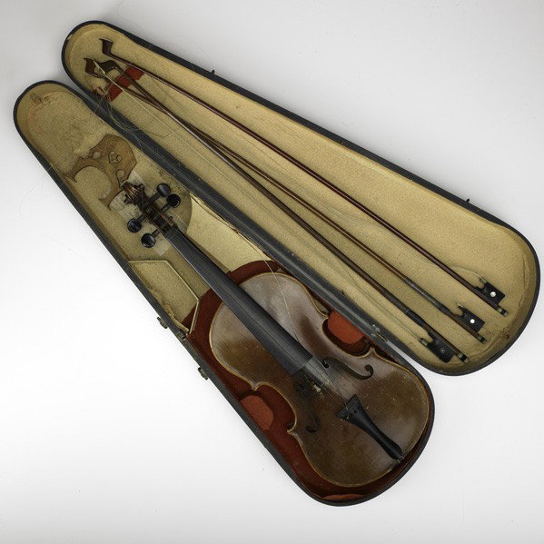 VIOLIN & CELLO: VIOLIN & CELLO; Two pieces: copy of a Stradivarius violin, early 20th c. and cello, includes three bows; Violin marked; Cello: 50 1/2'' x 71