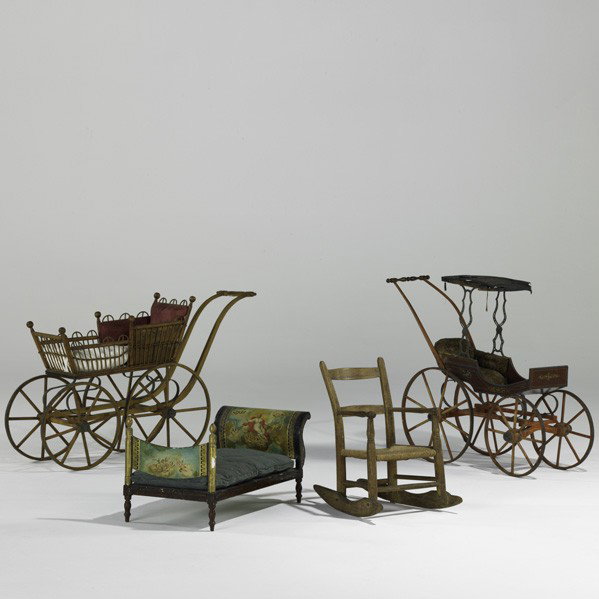 19TH C. DOLL FURNITURE: 19TH C. DOLL FURNITURE: Painted bed, rocking chair and two carriages; Tallest: 28''