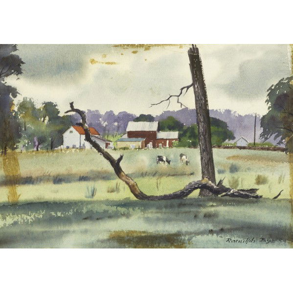 Ranulph de Bayeux BYE (1916-2003): RANULPH BYE (1916-2003); Watercolor on paper two-sided work with landscape, verso series of sketches illustrations on Bye's Bucks County Map (framed); Both sides signed; 14'' x 10 sight and 10'' x 13