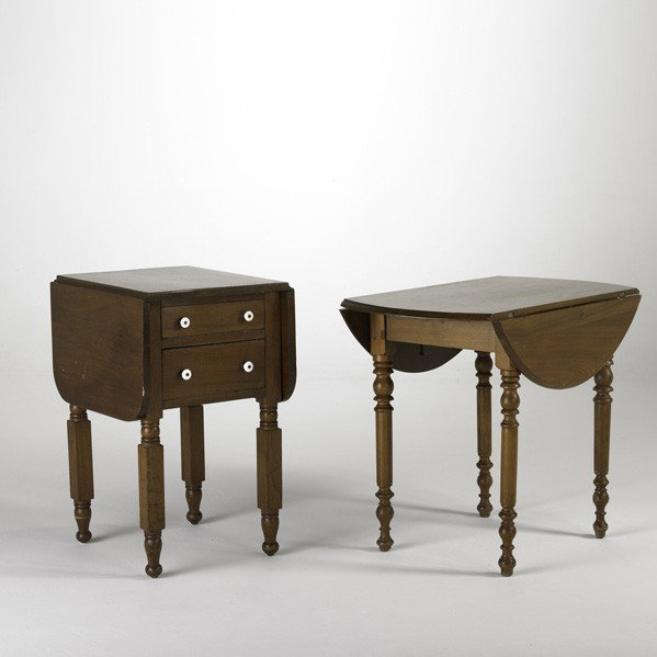 COUNTRY FURNITURE: COUNTRY FURNITURE; Drop-leaf two-drawer work table and Pembroke style table, 19th c.; Walnut; Pembroke: 27 1/2'' x 35 x 20