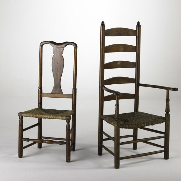 COUNTRY CHAIRS: COUNTRY CHAIRS; Delaware Valley ladderback armchair and Queen Ann side chair; Each with rush seat and mixed hardwoods, 18th c.; Larger: 47 1/2'' x 18'' x 25 1/2''