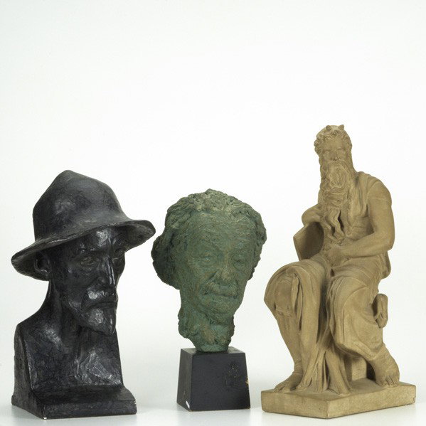 SCULPTURE GROUP: SCULPTURE GROUP; Robert Berks carved patinated composite bust of Einstein, Alva Studios patinated composite of a sailor and Alva Studios molded composite classical figure statue; All marked; Tallest: 