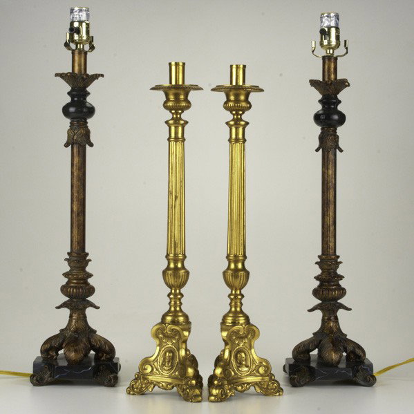 CANDLESTICK GROUP: CANDLESTICK GROUP; Two pair, 20th c.: Dore bronze and a patinated metal with faux stone pillar electrified; Taller: 24 1/2''