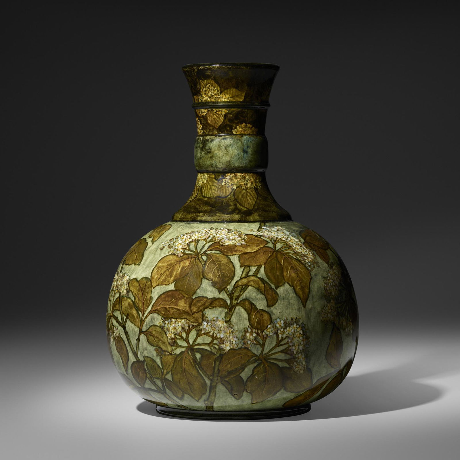 John Bennett, Vase with viburnum: John Bennett Vase with viburnum England/USA, c. 1880glazed earthenware 11 h x 7.5 dia in (28 x 19 cm) Glazed signature to underside 'JBennett 412E24 NY'.