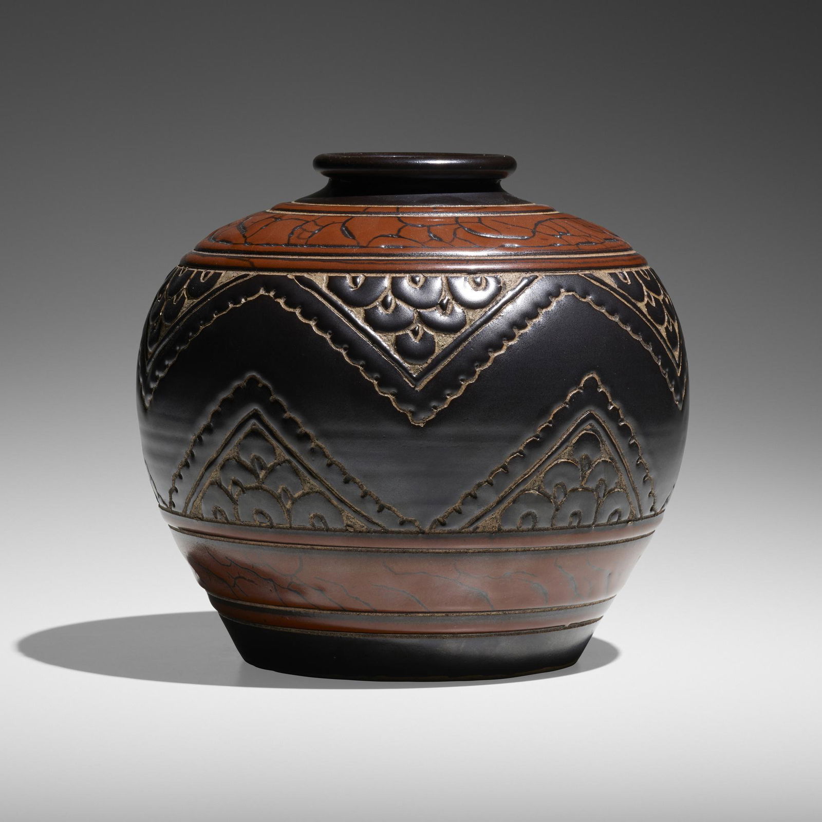Emile Lenoble, Vase: Emile Lenoble Vase France, c. 1925glazed stoneware with wax-resist decoration 8.5 h x 8.5 dia in (22 x 22 cm) Impressed artist's cipher to underside.