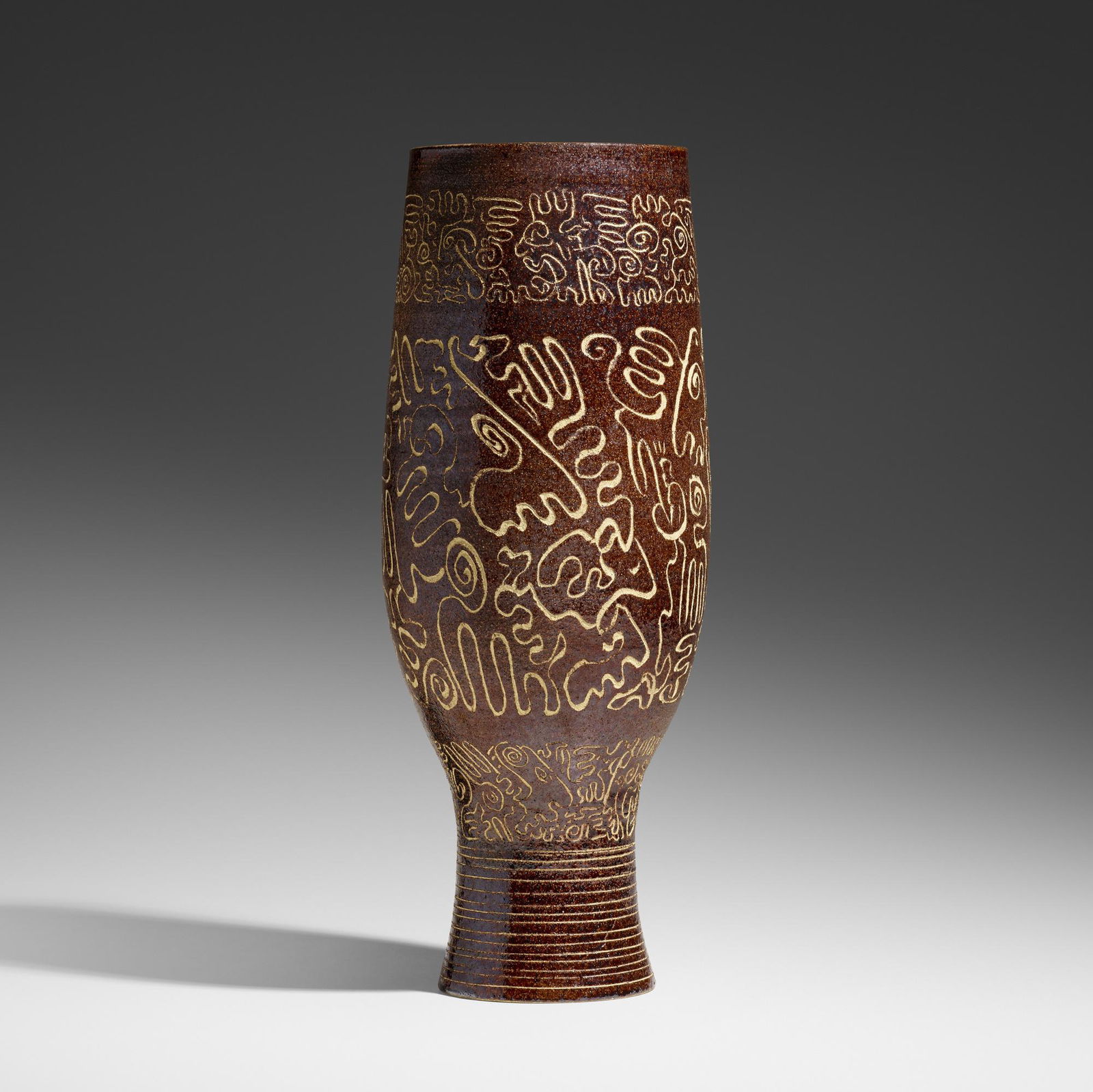 Edwin and Mary Scheier, Early chalice form: Edwin and Mary Scheier Early and Tall chalice form USA, c. 1955glazed stoneware with sgraffito decoration 15.25 h x 6.25 dia in (39 x 16 cm) Incised signature to underside 'Scheier'.