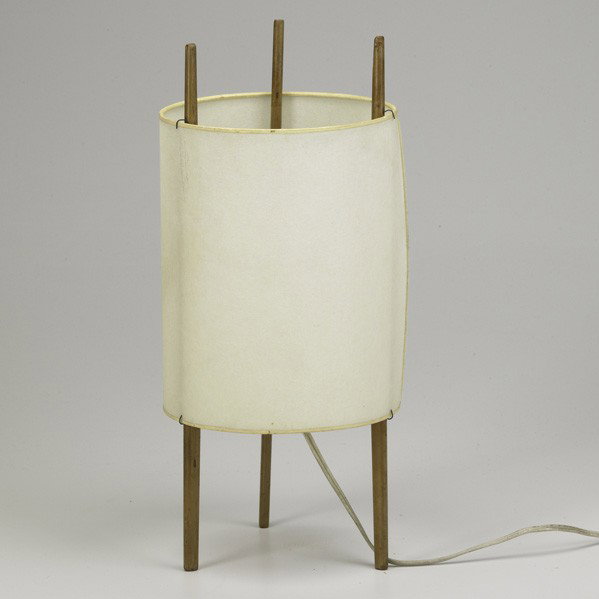 ISAMU NOGUCHI; KNOLL ASSOCIATES: ISAMU NOGUCHI; KNOLL ASSOCIATES.; Table lamp, USA, ca. 1950; Maple and paper shade; Unmarked; 16'' x 7'' dia.