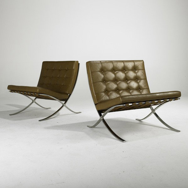 LUDWIG MIES VAN DER ROHE; KNOLL INTERNATIONAL: LUDWIG MIES VAN DER ROHE; KNOLL INTERNATIONAL; Pair of Barcelona lounge chairs, Germany, 1960s; Stainless steel and leather; Unmarked; 31'' x 31'' x 29''