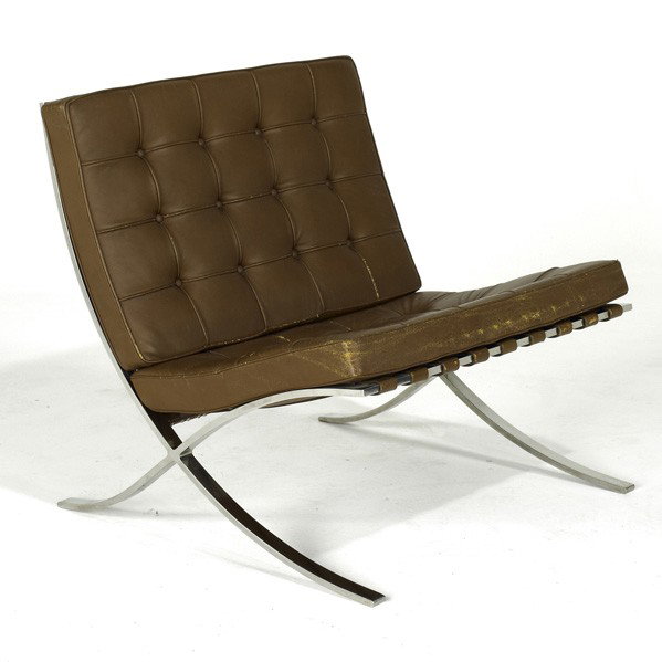 LUDWIG MIES VAN DER ROHE; KNOLL INTERNATIONAL: LUDWIG MIES VAN DER ROHE; KNOLL INTERNATIONAL; Barcelona lounge chair, USA, 1980's; Leather and stainless steel; Fabric label and decal; 30'' x 30'' x 29 1/2''
