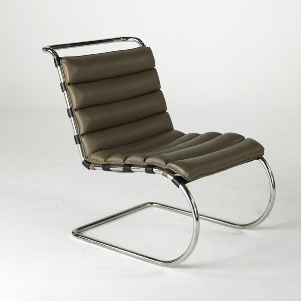 MIES VAN DER ROHE; KNOLL STUDIO: MIES VAN DER ROHE; KNOLL STUDIO; MR lounge chair, USA, 1990; Leather and stainless steel; Paper label; 34'' x 24'' x 39''