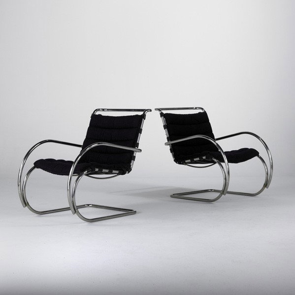 LUDWIG MIES VAN DER ROHE: LUDWIG MIES VAN DER ROHE; KNOLL INTERNATIONAL; Pair of MR40 lounge chairs, USA, 1980; Chromed steel, leather and canvas; Knoll International labels; Each: 32 1/2'' x 24'' x 40''
