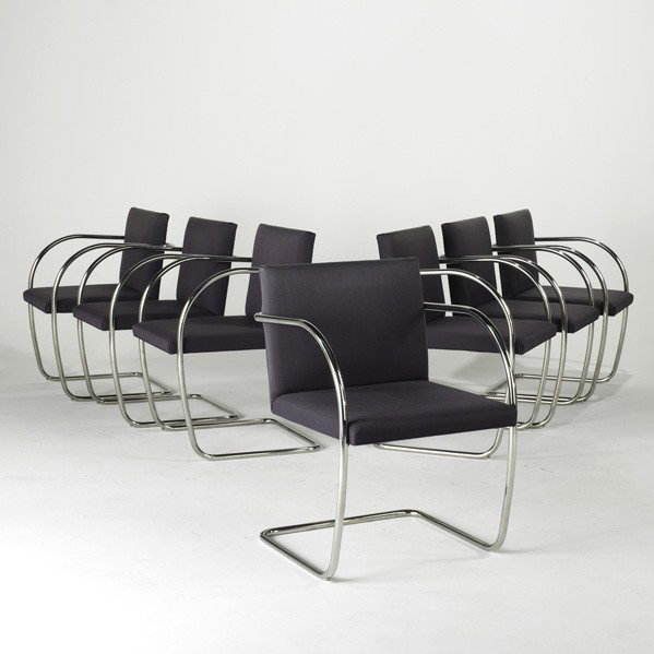 LUDWIG MIES VAN DER ROHE; KNOLL INTERNATIONAL: LUDWIG MIES VAN DER ROHE; KNOLL INTERNATIONAL; Set of seven chairs, USA, 1980's; Fabric upholstery on stainless steel frames; Unmarked; Each: 32'' x 21 1/2'' x 24''