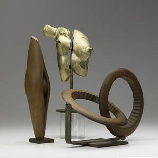 RAYMOND GRANVILLE BARGER (American, 1906-2001): RAYMOND GRANVILLE BARGER (American, 1906-2001); Three sculptures; Wood piece is signed, wood/bronze abstract is signed and dated, bronze is not signed; 12 1/4'' (tallest)