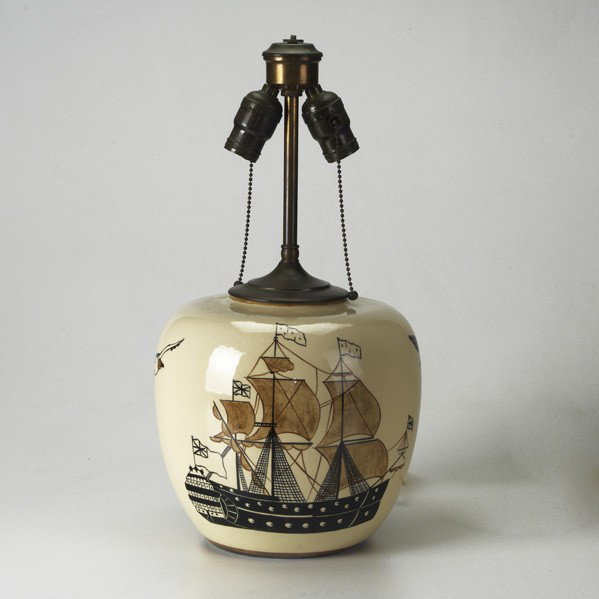 ROBERT lALLEMANT: ROBERT LALLEMANT; Table lamp, France, 1920s; Glazed ceramic painted with tall ship and seagulls; Signed RT/Lallemant/ Made in France; Overall 18''