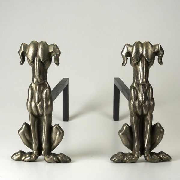 ART MODERNE: ART MODERNE; Pair of cast-iron stylized dog andirons, France, ca. 1970; 14'' x 19'' x 7''