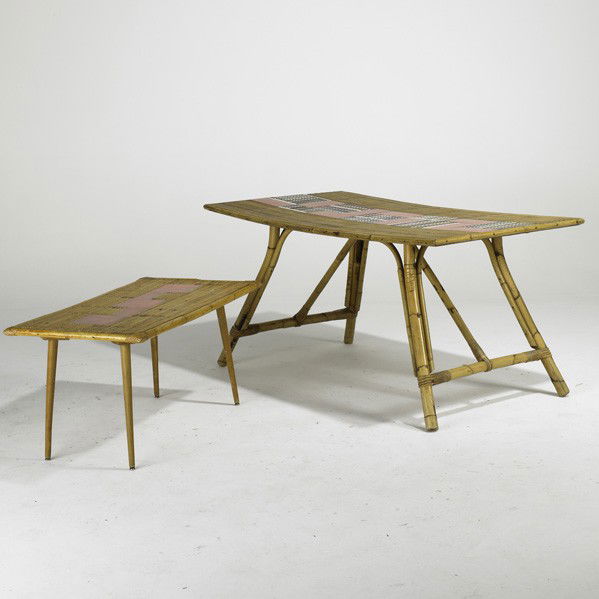 AUDOUX-MINET; ROGER CAPRON: AUDOUX-MINET; ROGER CAPRON; Dining and coffee table, France, 1960s; Bamboo and glazed ceramic tiles; Unmarked; Dining: 28 1/2'' x 57 1/2'' x 31'' and coffee table: 19 1/2'' x 40'' x 21''
