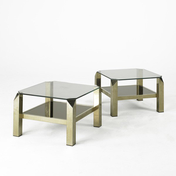 FRENCH; Pair of sofa tables: FRENCH; Pair of sofa tables, 1960's; Chrome-plated steel, glass and mirror; Unmarked; 15'' x 23 1/2'' sq.