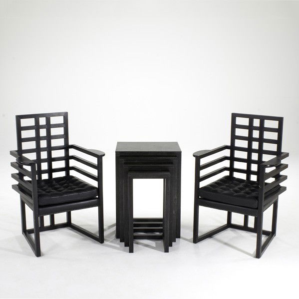 JOSEF HOFFMANN; WITTMANN: JOSEF HOFFMANN; WITTMANN; Pair of armchairs and nesting tables; Austria, 1970s/80s; Ebonized oak and leather, Brass labels to chairs; Armchairs: 38'' x 26'' x 20'' and nesting tables: 27 1/2'' x 19 3/