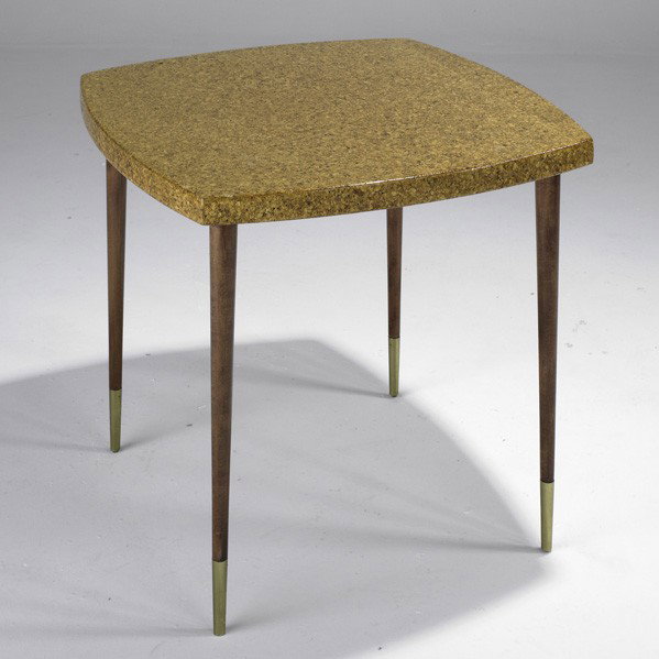PAUL FRANKL; JOHNSON FURNITURE CO: PAUL FRANKL; JOHNSON FURNITURE CO; Lamp table (#5045-354), USA, 1940s; Lacquered cork, mahogany and brass; Stenciled numbers; 26 1/2'' x 30'' sq.