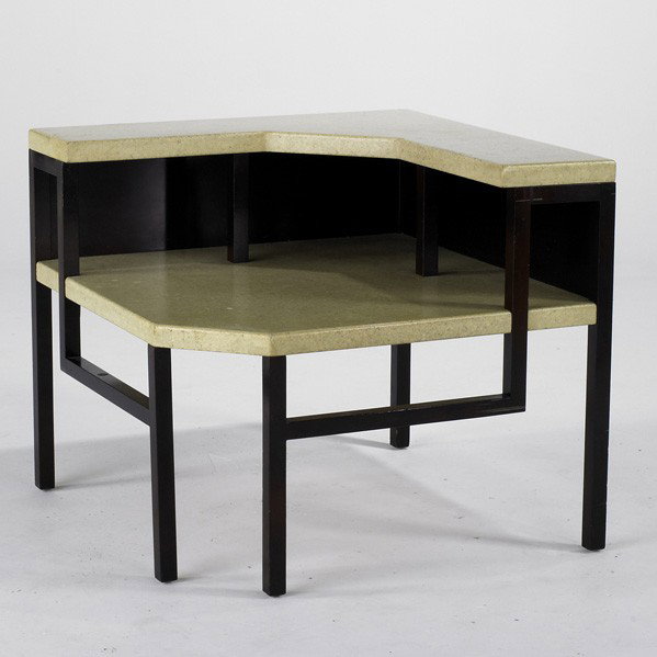 PAUL FRANKL; JOHNSON FURNITURE CO: PAUL FRANKL; JOHNSON FURNITURE CO; Corner table model 5029-324, USA, 1940s; Lacquered cork and mahogany; Unmarked; 28'' x 45'' diagonal x 40''