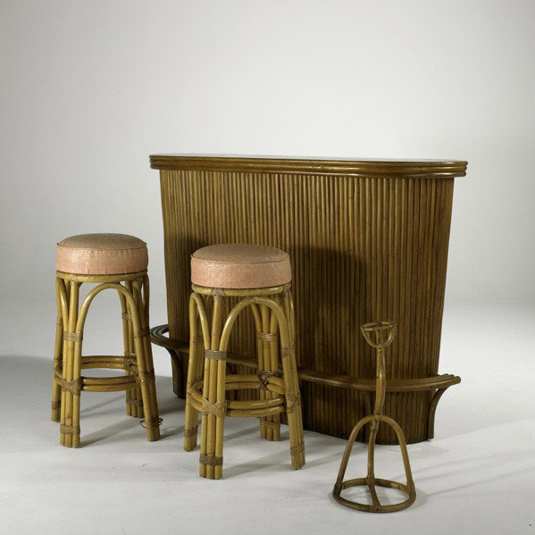 PAUL FRANKL: PAUL FRANKL; Bamboo bar, two stools and ashtray, USA, 1940s; Bar: 43'' x 72'' x 20''