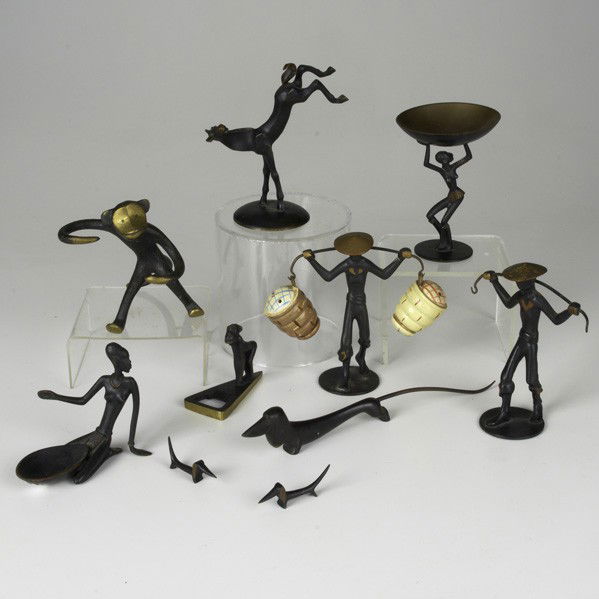 AUSTRIAN SECESSION BRONZE GROUP: AUSTRIAN SECESSION BRONZE GROUP; Ten pieces: monkeys, dachshunds and figures in the style of Wiener Werkstatte; Most marked; Tallest: 4 3/4''